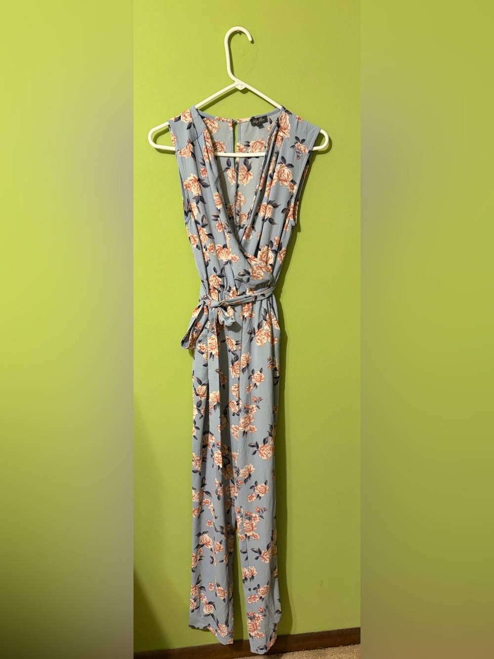 Lily Rose Blue Floral Wrap Dress with Peach Roses